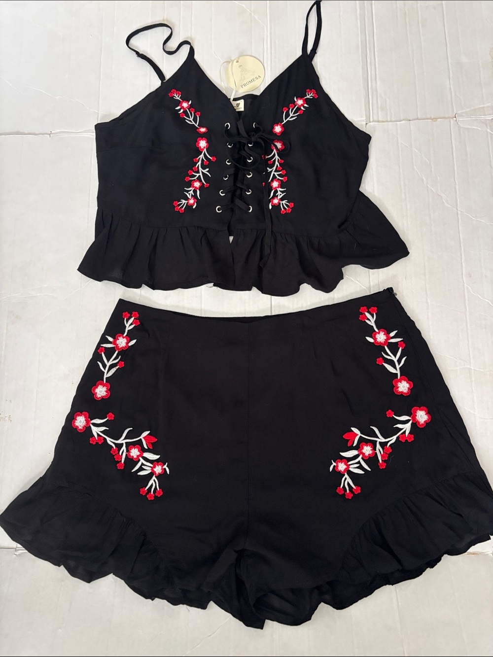 Black Embroidered Two-Piece Set with Red Floral Accents large